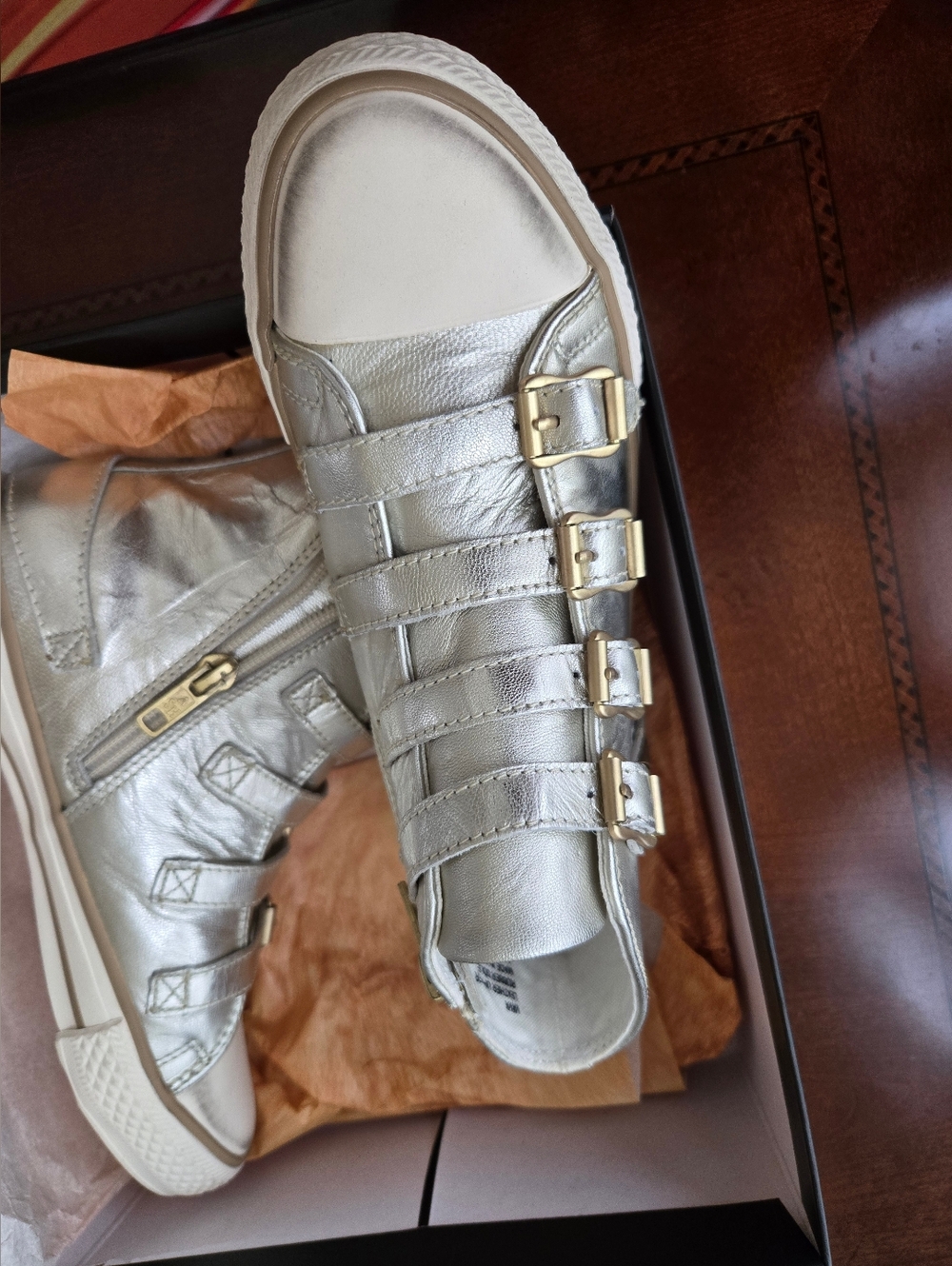 Ash Metallic Silver Buckle Strap Kids Sneakers